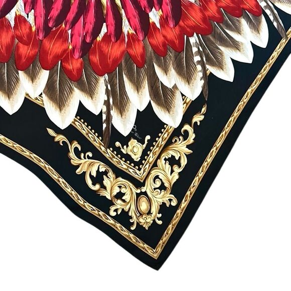 Echo Feather Pow Wow Silk Scarf Feather Pattern Red Taupe Black Gold Details - Picture 9 of 12